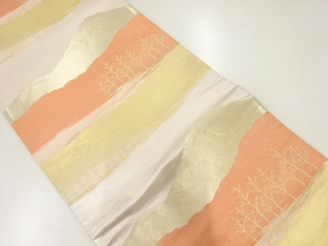 JAPANESE KIMONO / ANTIQUE FUKURO OBI / SILK / WOVEN MOUNTAINS & TREE